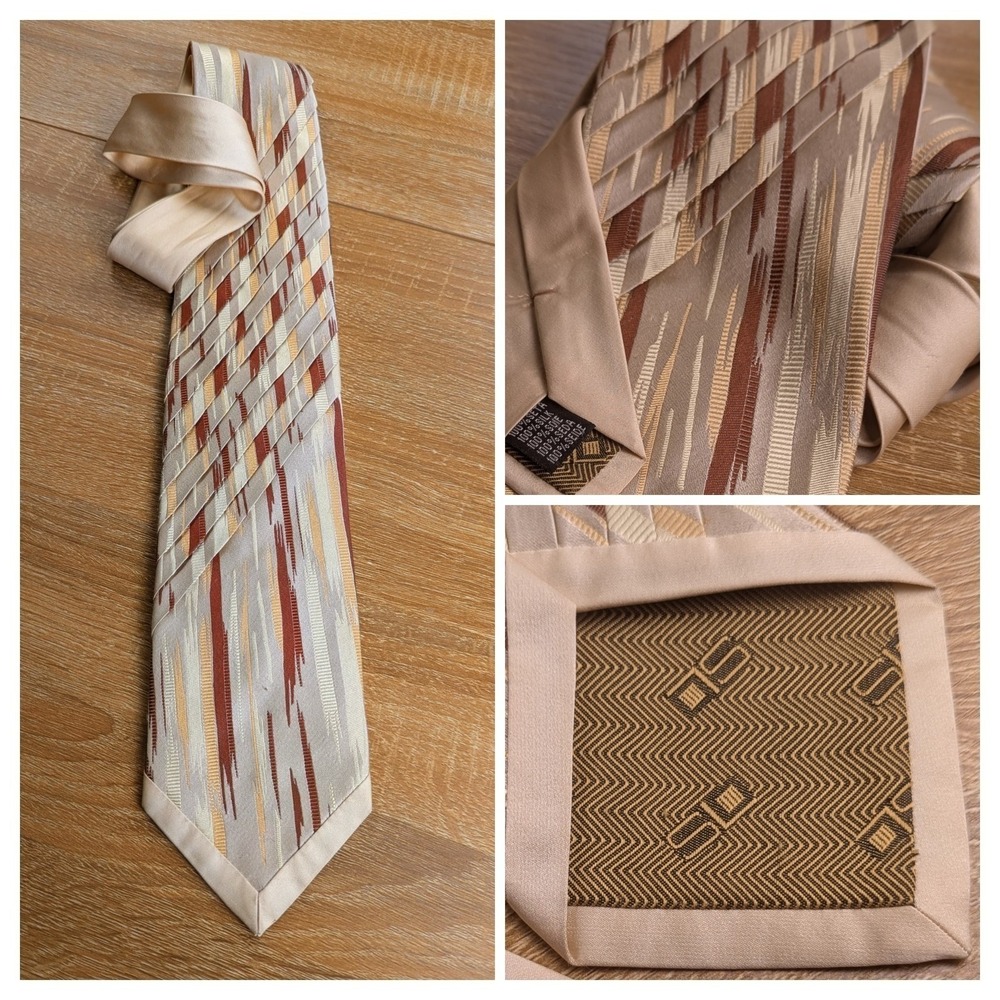 Vintage SD Monogram Silk Tie Pleated Chevron Lining Abstract Geometric Brown Tan